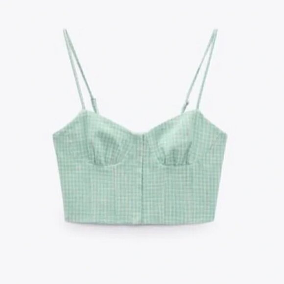 Zara Gingham Corset Bustier Top M Plaid Hook Spring Summer Blogger Fav Mint Trip - Picture 4 of 12